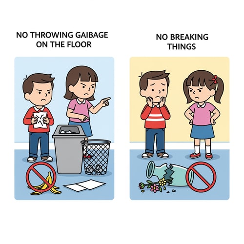 AI Design for clip art of children not allowed to throw garbage on floor and no breaking things