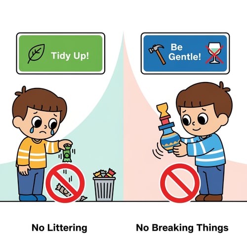 AI Design for clip art of children not allowed to throw garbage on floor and no breaking things