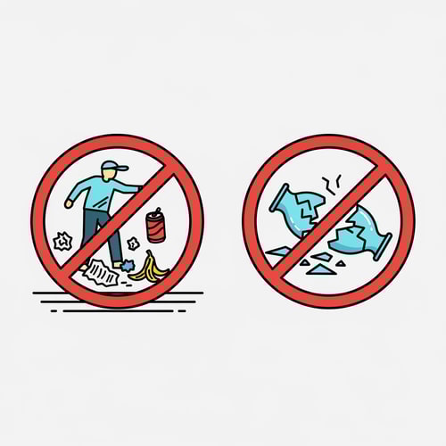 AI Design for clip art of no throwing garbage on floor and no breaking things