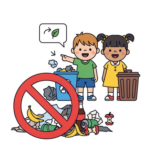 AI Design for clip art of children not allowed to throw garbage on floor
