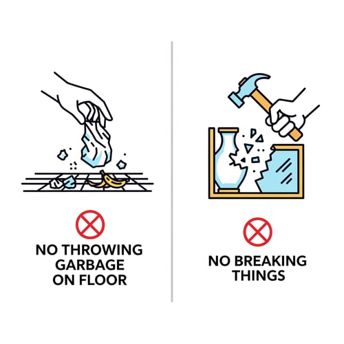 AI Design for clip art of no throwing garbage on floor and no breaking things