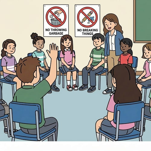 AI Design for clip art of no throwing garbage and no breaking things in class