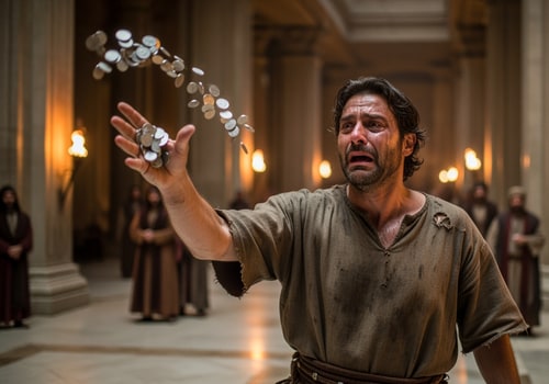 AI Design for Juda Iscariot throwing the coins in th etemplepicture of a person who has a tragedy