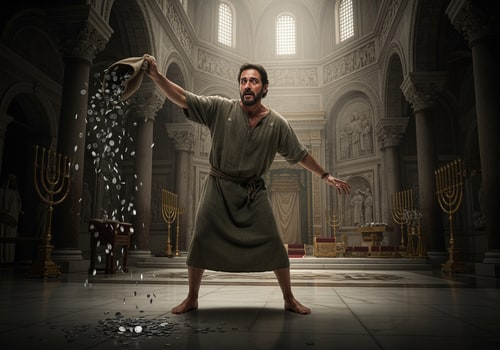AI Design for Juda Iscariot throwing the coins in th etemplepicture of a person who has a tragedy