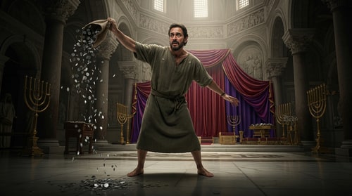 AI Design for make red puple curtain in the backgroundJuda Iscariot throwing the coins in the tempel