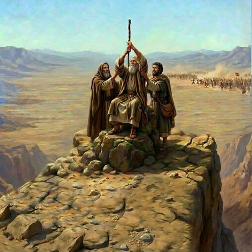 AI Design for fix the eyes of the three people on the mountain. no other changes