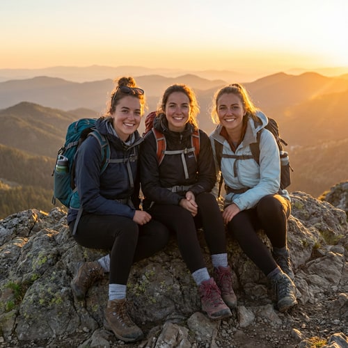 AI Design for fix the eyes of the three people on the mountain. no other changes