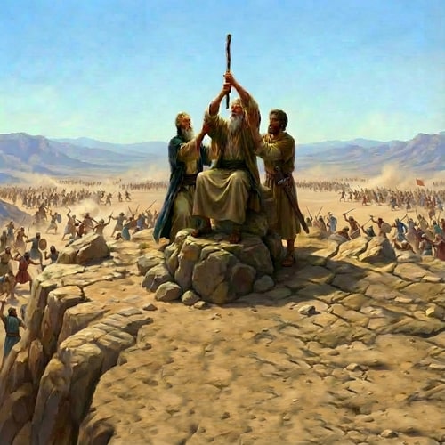 AI Design for add Israelites fighting Amalek in the horizon in the valley below