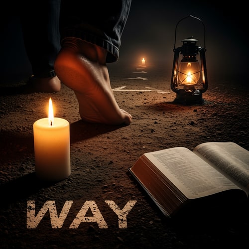 AI Design for a picture of a candle,  a foot , a way, a bible, and a lamp