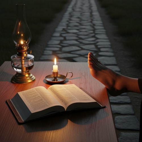 AI Design for a picture of a candle,  a foot , a way, a bible, and a lamp