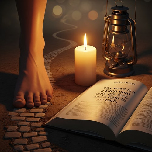 AI Design for a picture of a candle,  a foot , a way, a bible, and a lamp