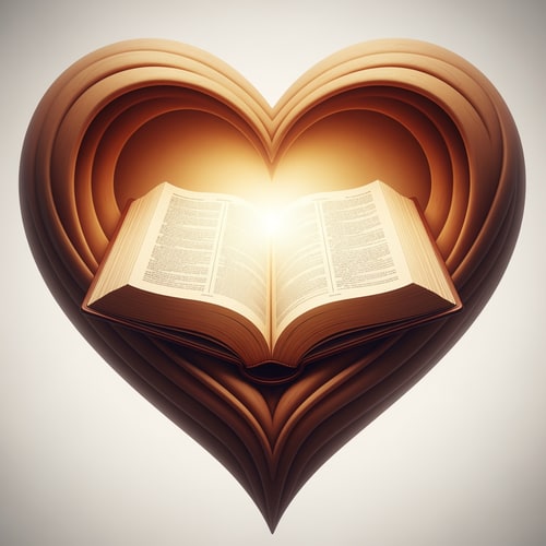 AI Design for A bible depicted within a heart — a spiritual embrace, warm earth tones, gentle and serene, photorealistic, soft focus on the bible, a subtle glow, a clean, light background