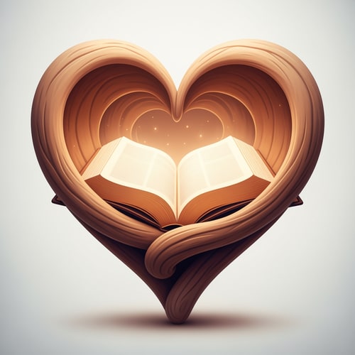 AI Design for A bible depicted within a heart — a spiritual embrace, warm earth tones, gentle and serene, photorealistic, soft focus on the bible, a subtle glow, a clean, light background