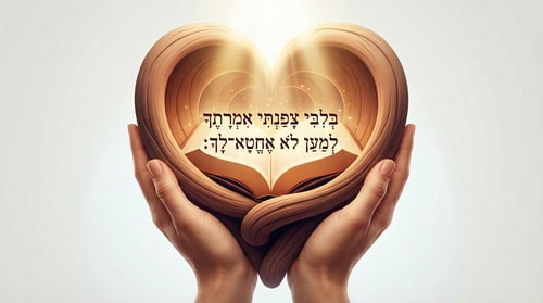 AI Design for add the following writing on the bible: בְּ֭לִבִּי צָפַ֣נְתִּי אִמְרָתֶ֑ךָ לְ֝מַ֗עַן לֹ֣א אֶֽחֱטָא־לָֽךְ׃