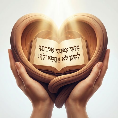AI Design for add the following writing on the bible: בְּ֭לִבִּי צָפַ֣נְתִּי אִמְרָתֶ֑ךָ לְ֝מַ֗עַן לֹ֣א אֶֽחֱטָא־לָֽךְ׃