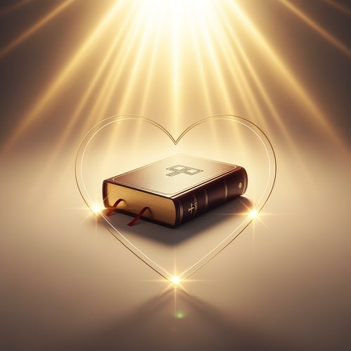 AI Design for A bible inside a heart — a radiant symbol of faith, golden hour light, divine light shining from above, ethereal and sacred, minimalist and clean, with subtle glow effects, on a soft, diffused background.