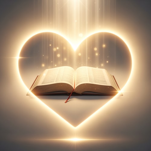 AI Design for A bible inside a heart — a radiant symbol of faith, golden hour light, divine light shining from above, ethereal and sacred, minimalist and clean, with subtle glow effects, on a soft, diffused background.