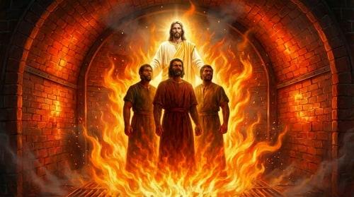 AI Design for Add a third person as the Son of God standing behind the three men