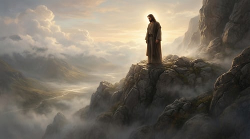 AI Design for Jesus Christ standing solemnly in simple robes, observing the viewer or the setting below — Wide shot; the singular figure of Jesus is positioned centrally in the deep background, appearing luminous but visually subordinate to the scene; deep depth of field — Muted earth tones accented by divine gold and soft ethereal whites — Dramatic chiaroscuro lighting; strong, warm backlighting creating a brilliant halo and rim light around the figure; overall mood is solemn and reverent — Highly detailed photorealistic painting reminiscent of Baroque religious masters; focused on texture and emotional realism — Ensure only one figure of Jesus Christ is present; the background must dominate the visual space — High vantage point overlooking a misty valley at dawn, suggesting a mountain or hilltop setting.