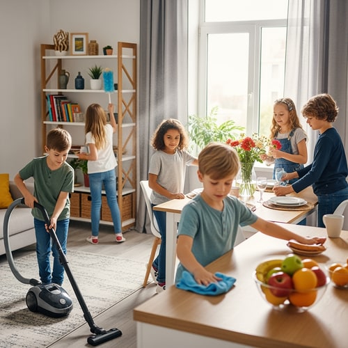 AI Design for make a picture of boys and girls helping at home together