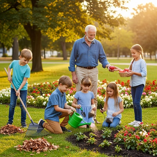 AI Design for make a picture of boys and girls helping a grandfather