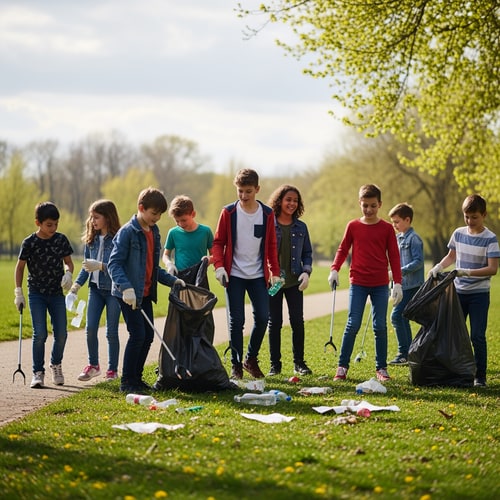 AI Design for make a picture of boys and girls cleaning rubbish together
