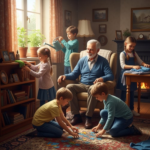 AI Design for make a picture of boys and girls helping a grandfather in his home