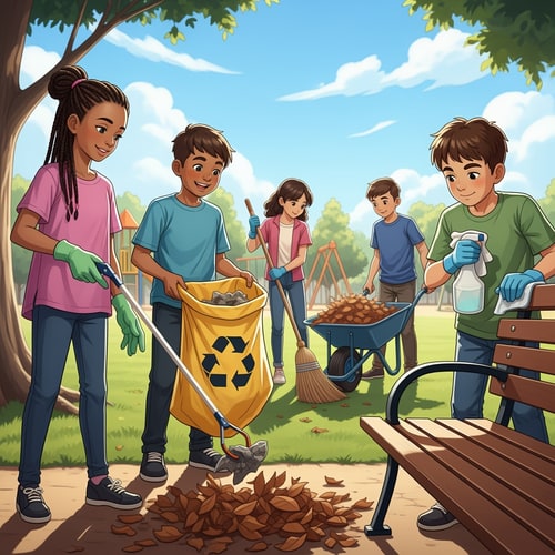 AI Design for make a picture of boys and girls cleaning together