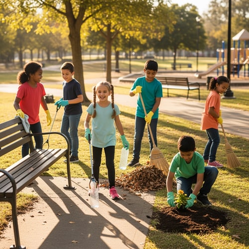 AI Design for make a picture of boys and girls cleaning together