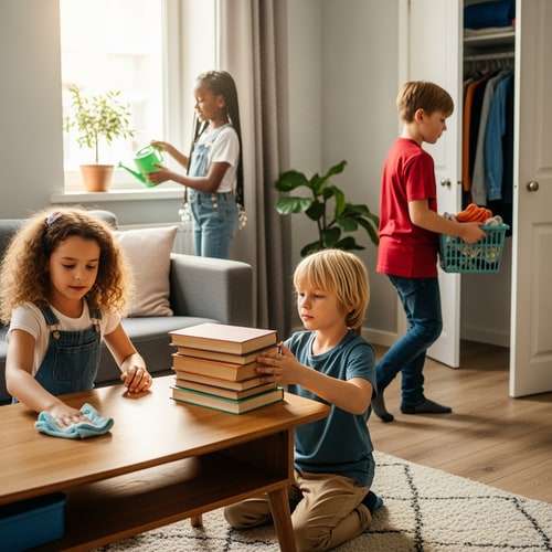 AI Design for make a picture of boys and girls helping at home together