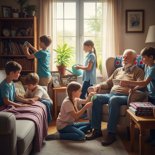 AI Design for make a picture of boys and girls helping a grandfather in his home