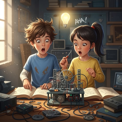AI Design for picture of a boy and a girl realizing something very smart