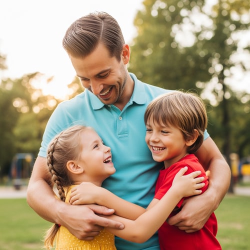 AI Design for picture of a father with a son and daughter warmly hugging them