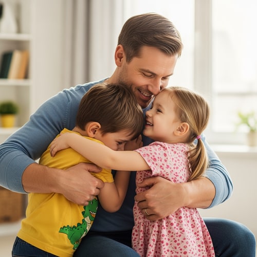 AI Design for picture of a father with a son and daughter warmly hugging them