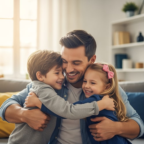 AI Design for picture of a father with a son and daughter warmly hugging them