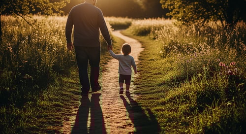 AI Design for A father and young child walk hand in hand away from the viewer — Centered rear-view composition from a low-angle perspective, Natural earthy tones with warm golden-hour highlights, Sentimental and peaceful mood with soft sunlight casting long shadows, High-resolution cinematic photography with a shallow depth of field, Keep faces completely hidden and focus on the connection of the hands, A gentle dirt path leading through a sun-dappled meadow at sunset.