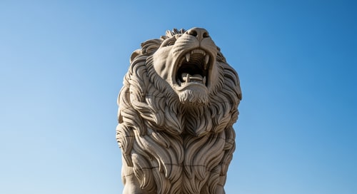 AI Design for האריה השואג של תל חי ושמים כחולים ברקע