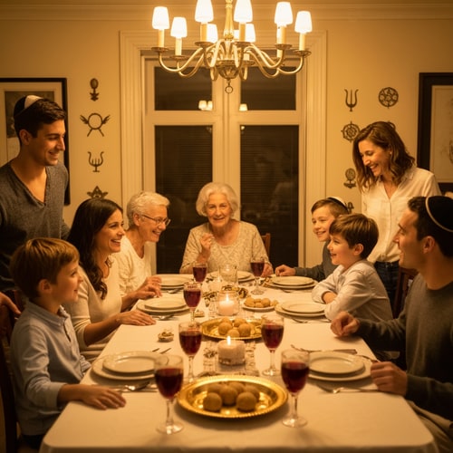 AI Design for make a picture of family with 5 children, parents and grandparents,  sitting around a passover table with matzahs and cups of vine