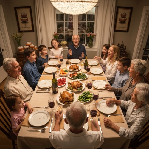 AI Design for make a picture of family with 5 children, parents and grandparents,  sitting around a passover table with matzahs and cups of vine