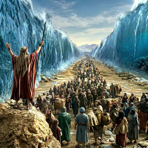AI Design for make the people down to look forward away from moses on the rock,  fix the picture, sharpen the picture