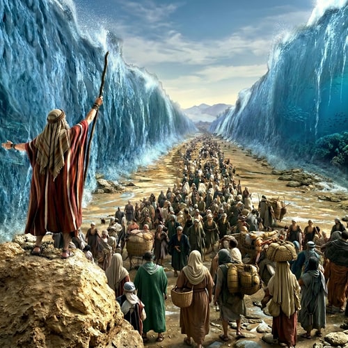 AI Design for make the people down to look forward and not at moses. fix the picture, sharpen the picture