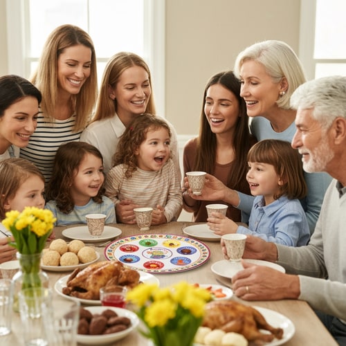 AI Design for make a picture of family with 5 children, parents and grandparents,  sitting around a passover table with matzahs and cups of vine