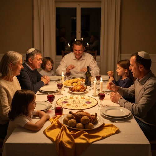 AI Design for make a picture of family with 5 children, parents and grandparents,  sitting around a passover table with matzahs and cups of vine