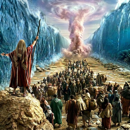 AI Design for add head cover for moses with the stick. make the cloud to be high up to heaven