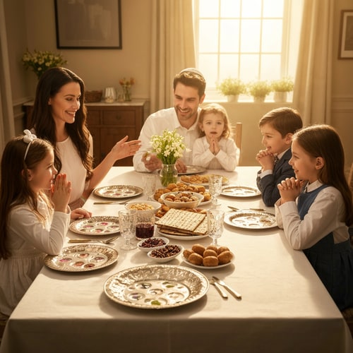 AI Design for make a picture of family with 5 children sitting around a passover table
