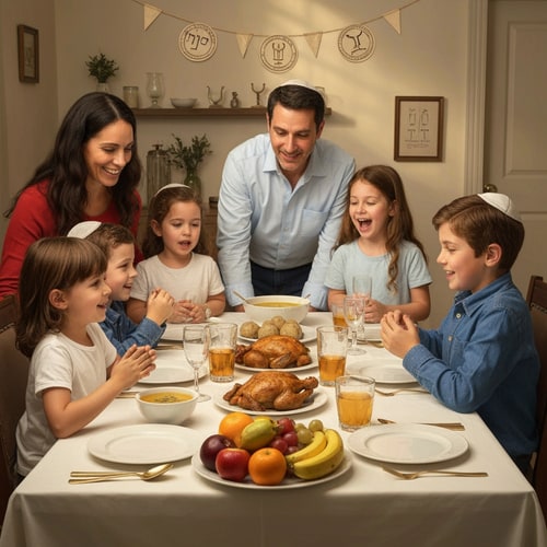 AI Design for make a picture of family with 5 children sitting around a passover table