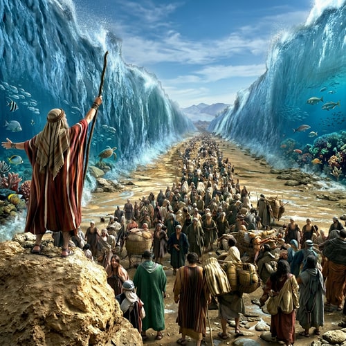 AI Design for make the marked people down to look forward away from moses on the rock,  fix the picture, sharpen the picture