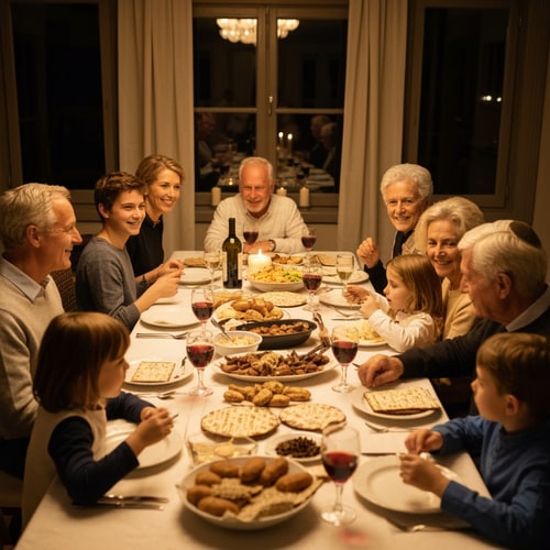 AI Design for make a picture of family with 5 children, parents and grandparents,  sitting around a passover table with matzahs and cups of vine