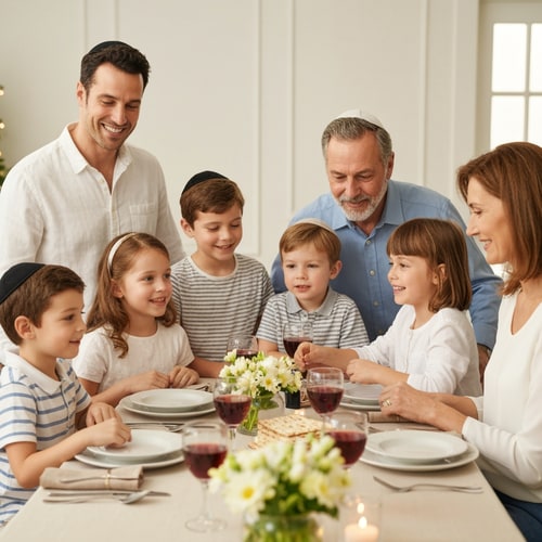 AI Design for make a picture of family with 5 children, parents and grandparents,  sitting around a passover table with matzahs and cups of vine