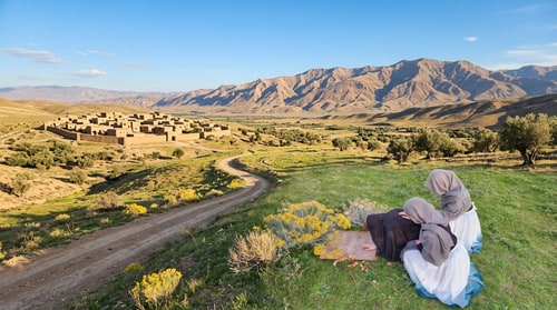 AI Design for Add larger background  to the picture,  add a bible time village far away, mountains, dirt road